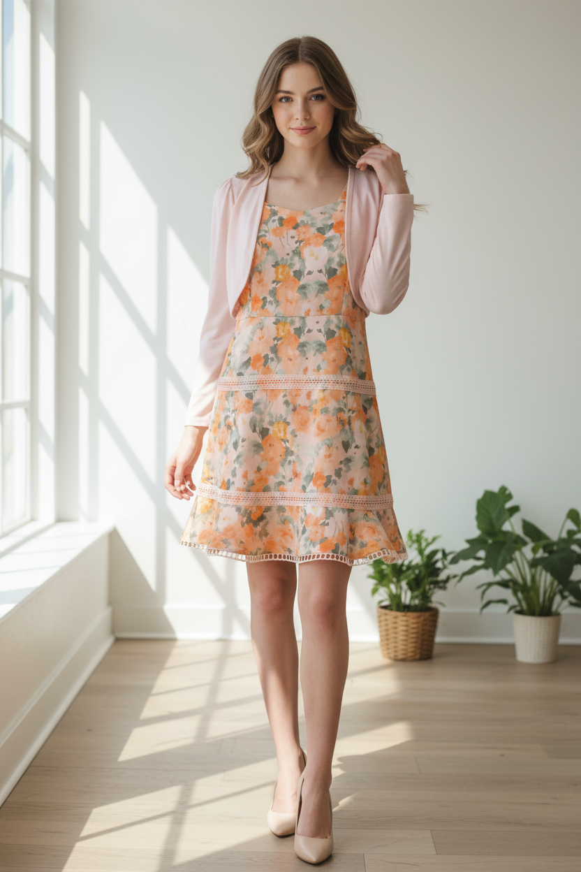 Floral Dress with Bolero Cardigan Set