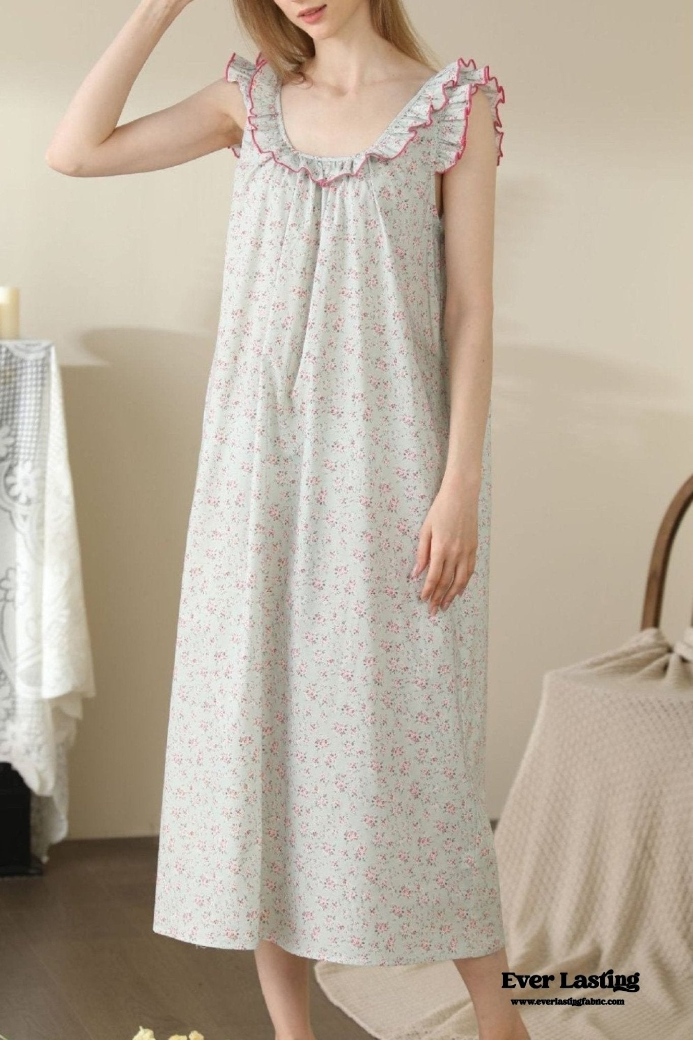 Floral Ruffle Lounge Pajamas Nightgown Dress / Beige