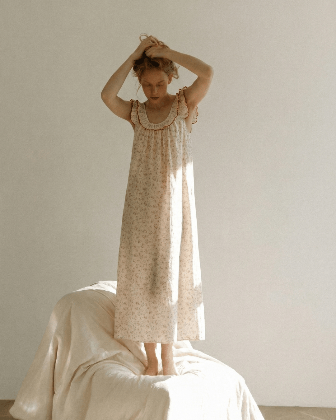 Floral Ruffle Lounge Pajamas Nightgown Dress / Beige
