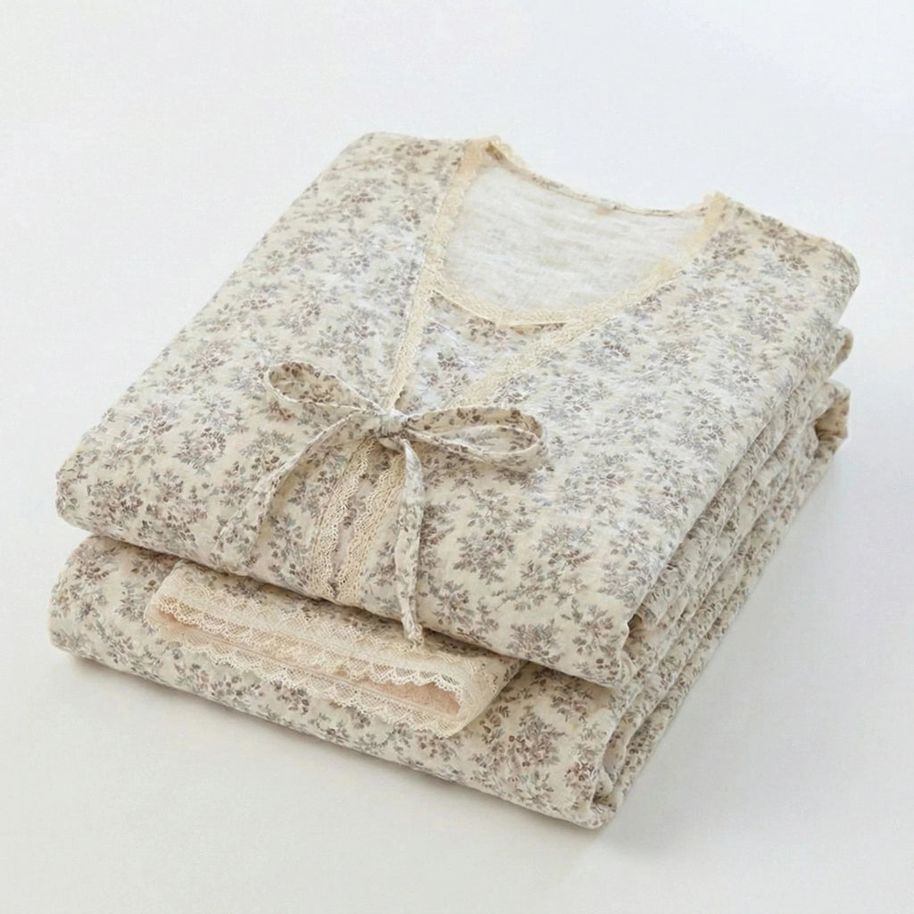 Floral V Tank and Long Pants with Cardigan Cotton Pajama Set / White