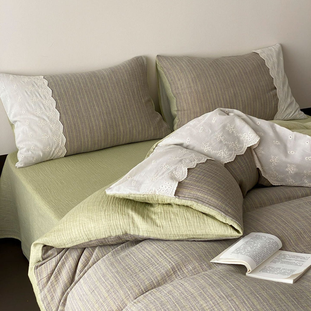 Florence Lace Double Gauze Striped Bedding Set / Green