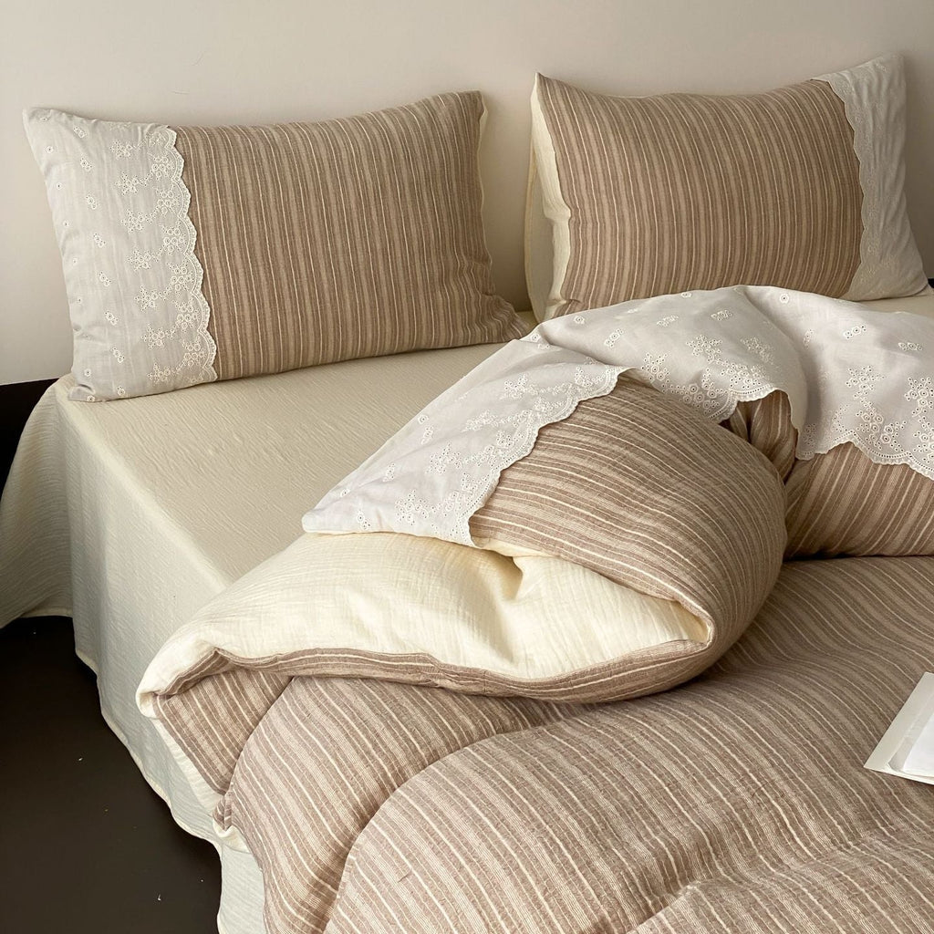 Florence Lace Double Gauze Striped Bedding Set / Brown