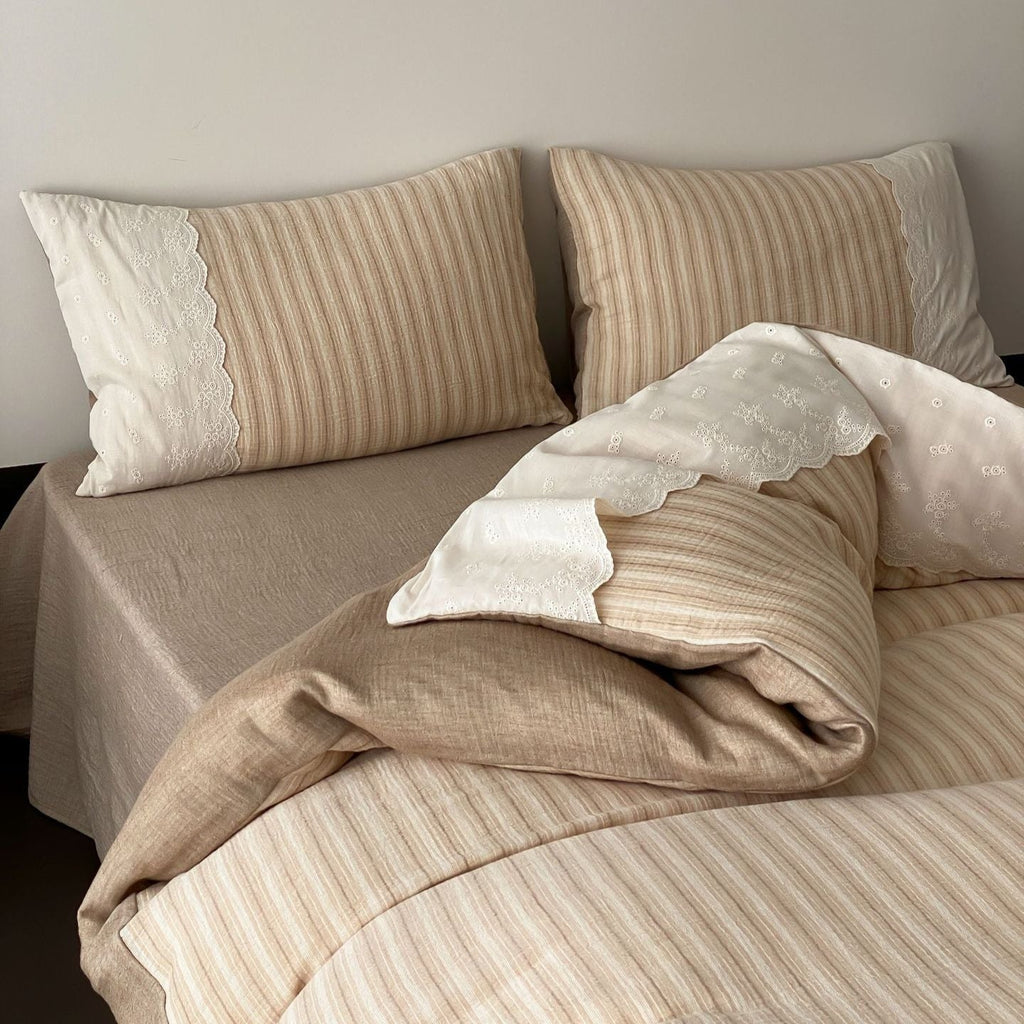 Florence Lace Double Gauze Striped Bedding Set / Beige Brown