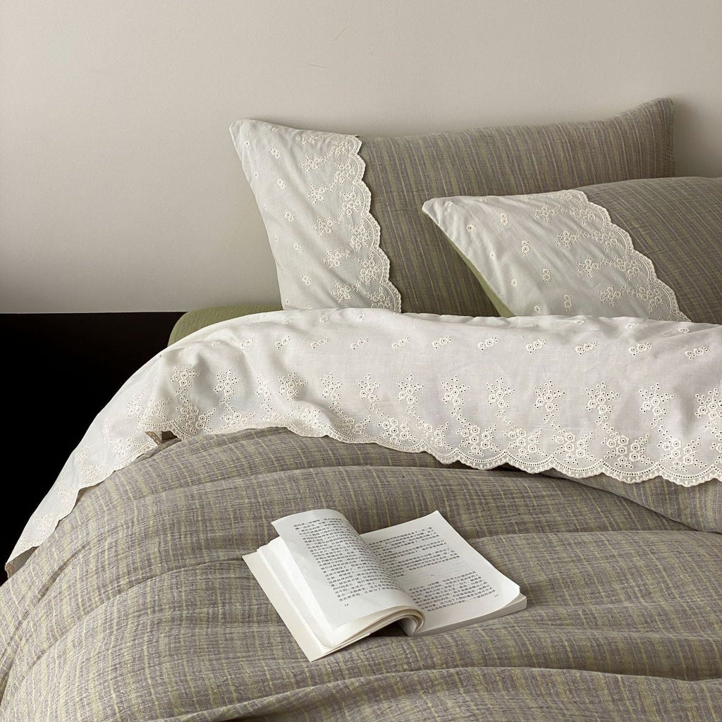 Florence Lace Double Gauze Striped Bedding Set / Green
