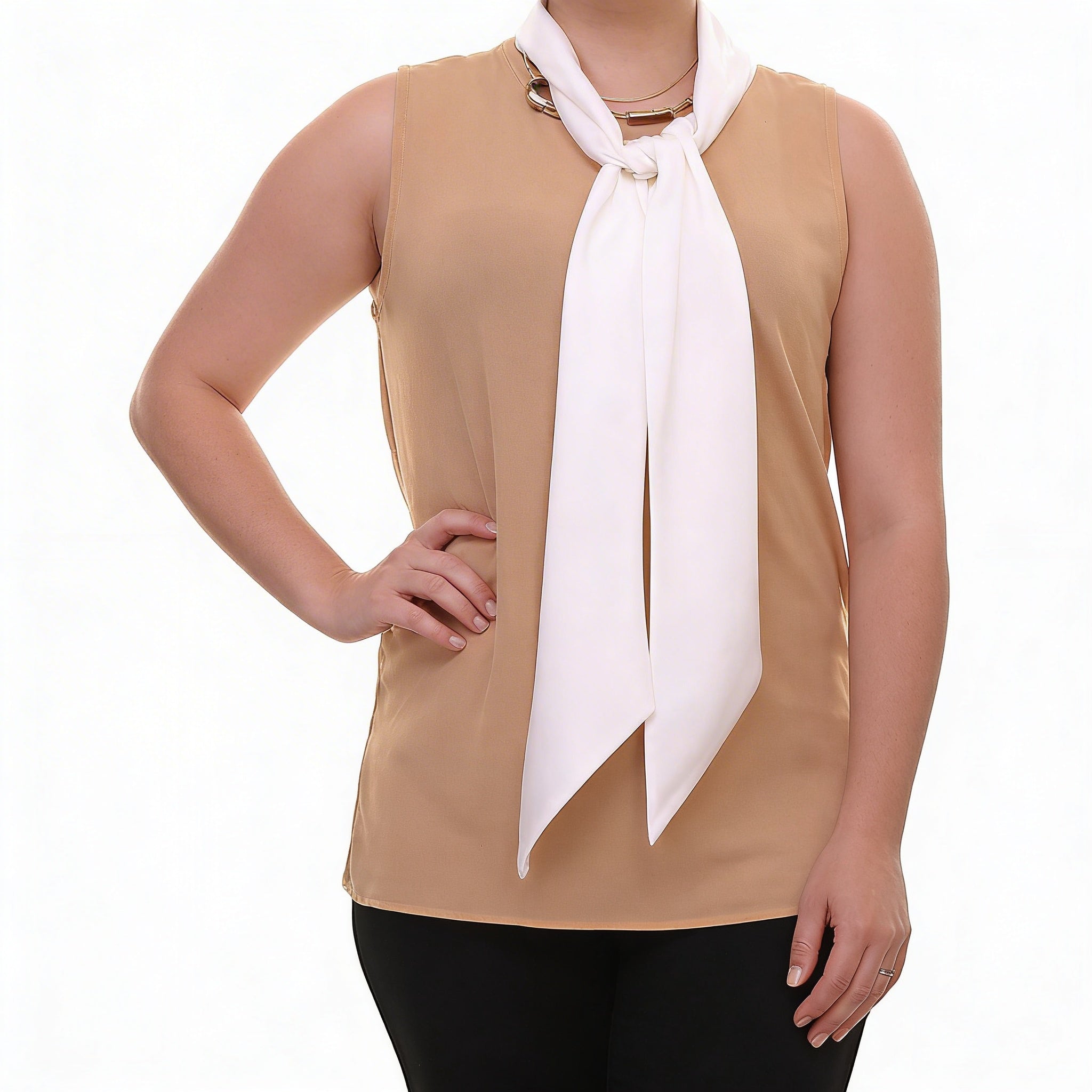 Lauren Ralph Lauren Tan Pearl Contrast-Neckline Jersey Shirt,Size Small