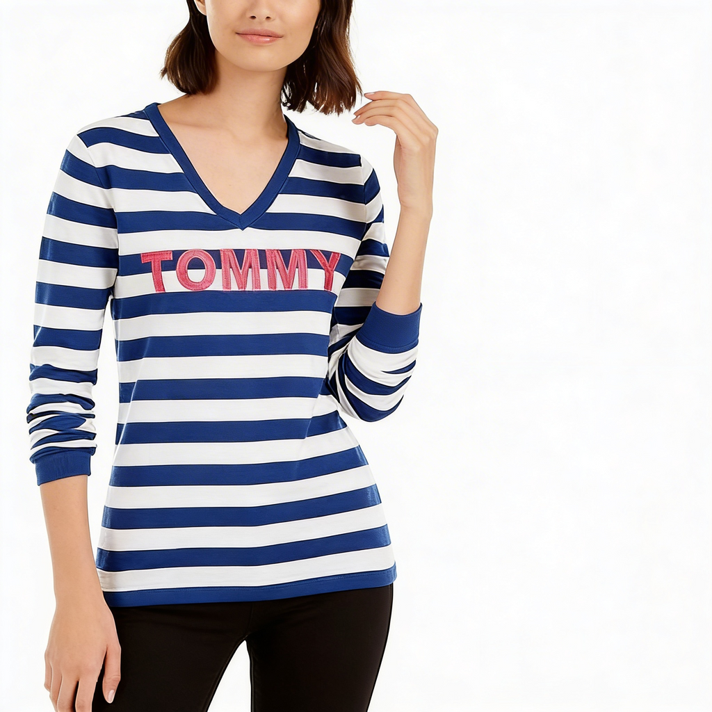 Tommy Hilfiger Womens Blue Striped Long Sleeve  top, Sapphire, Size M