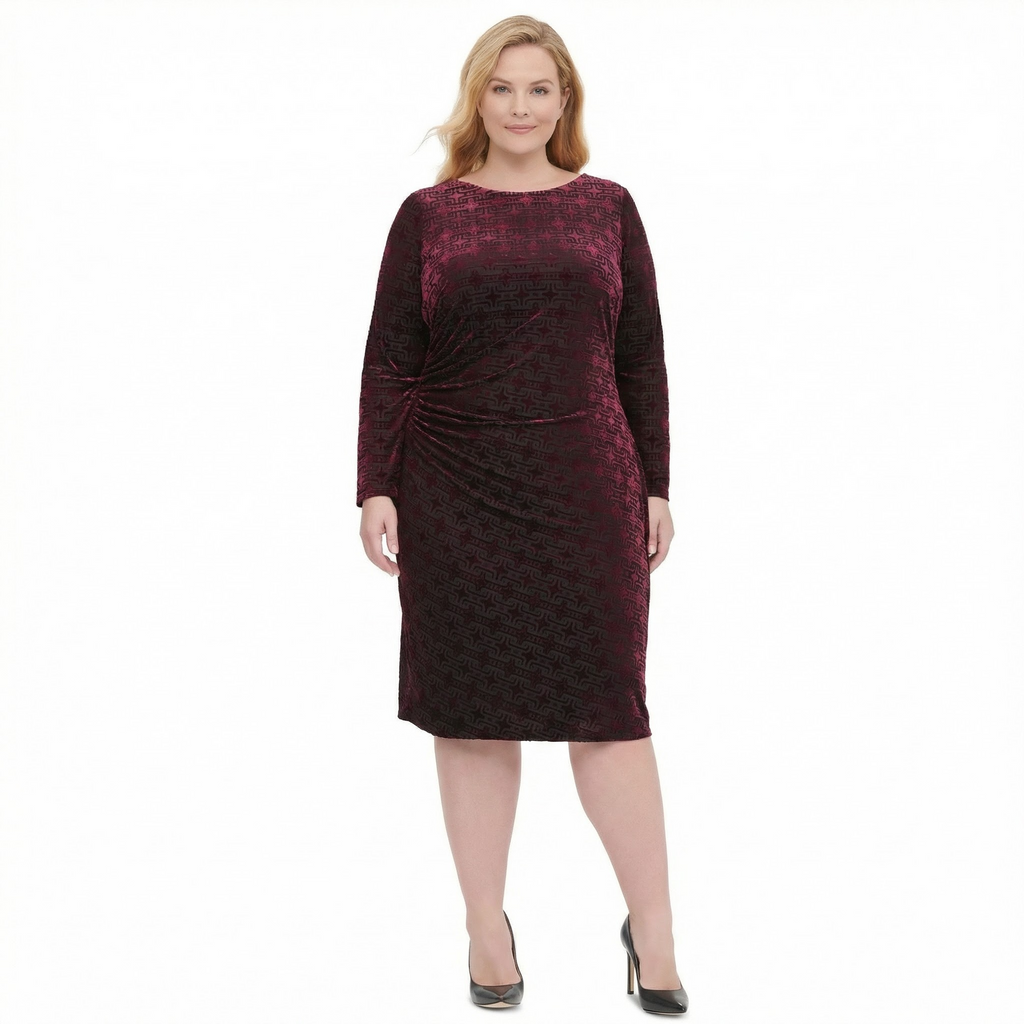 Tommy Hilfiger Women's Ruched Velvet Geometric Long Sleeve Dress ,Size 16W