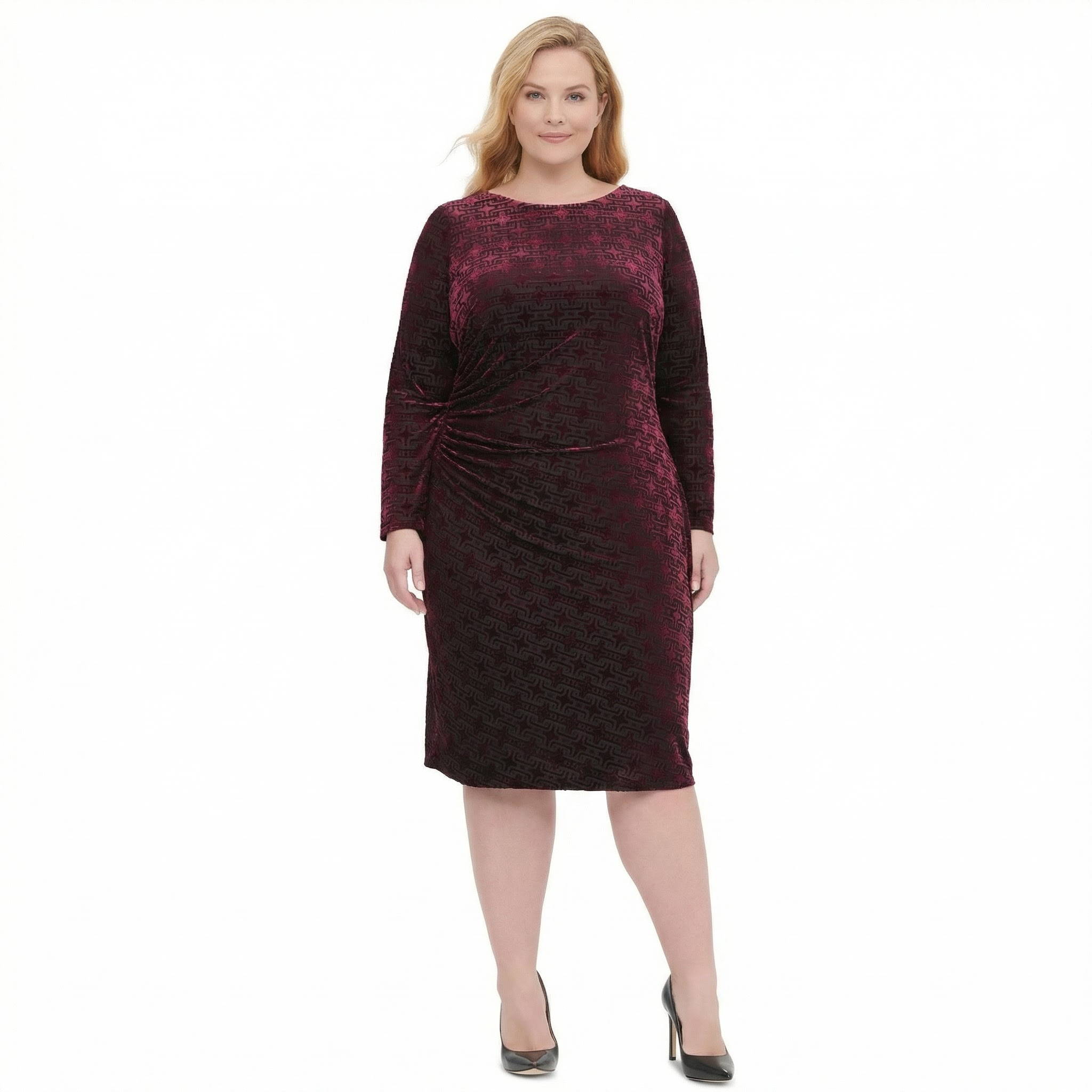 Tommy Hilfiger Women's Ruched Velvet Geometric Long Sleeve Dress ,Size 16W