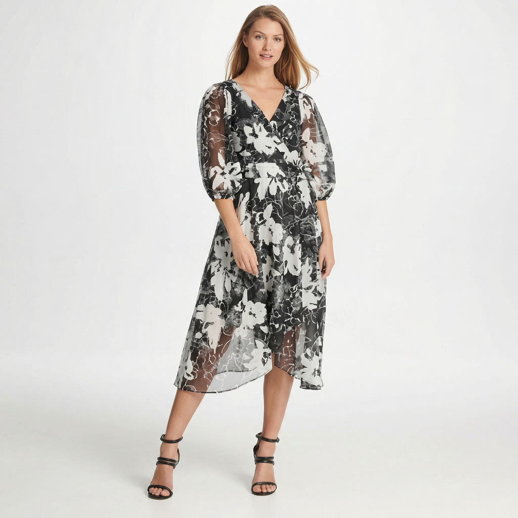 DKNY Womens Sheer Belted Zippered Floral 3/4 Sleeve V Neck Sheath Dress, Size 2
