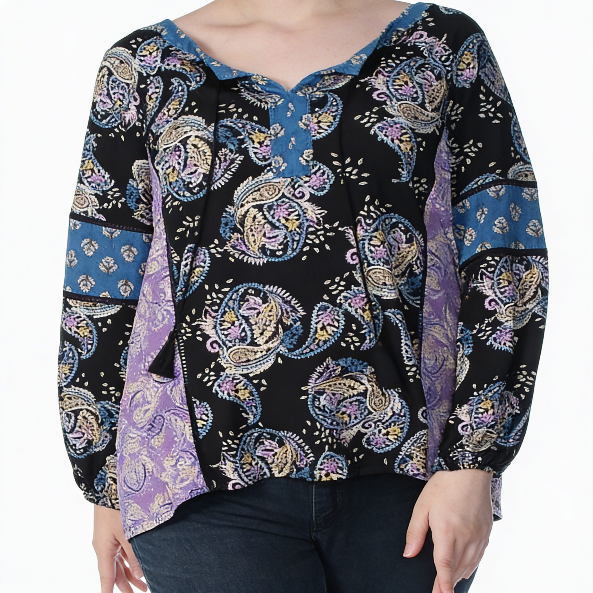 Style & Co Black Printed Split Neck Long Sleeve Top,Size XL