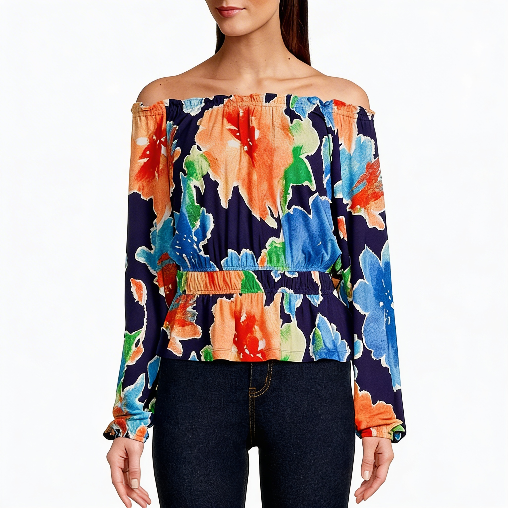 Ralph Lauren Floral Womens Multicolor Ruffle Peplum Off the Shoulder top, size M