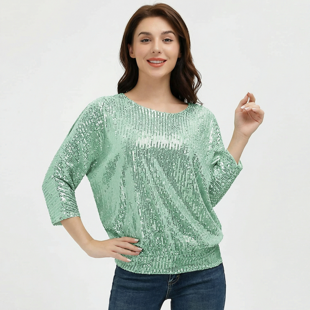 Jasambac Womens Sparkle Sequin Top Loose Cold Shoulder, Green, Size Small