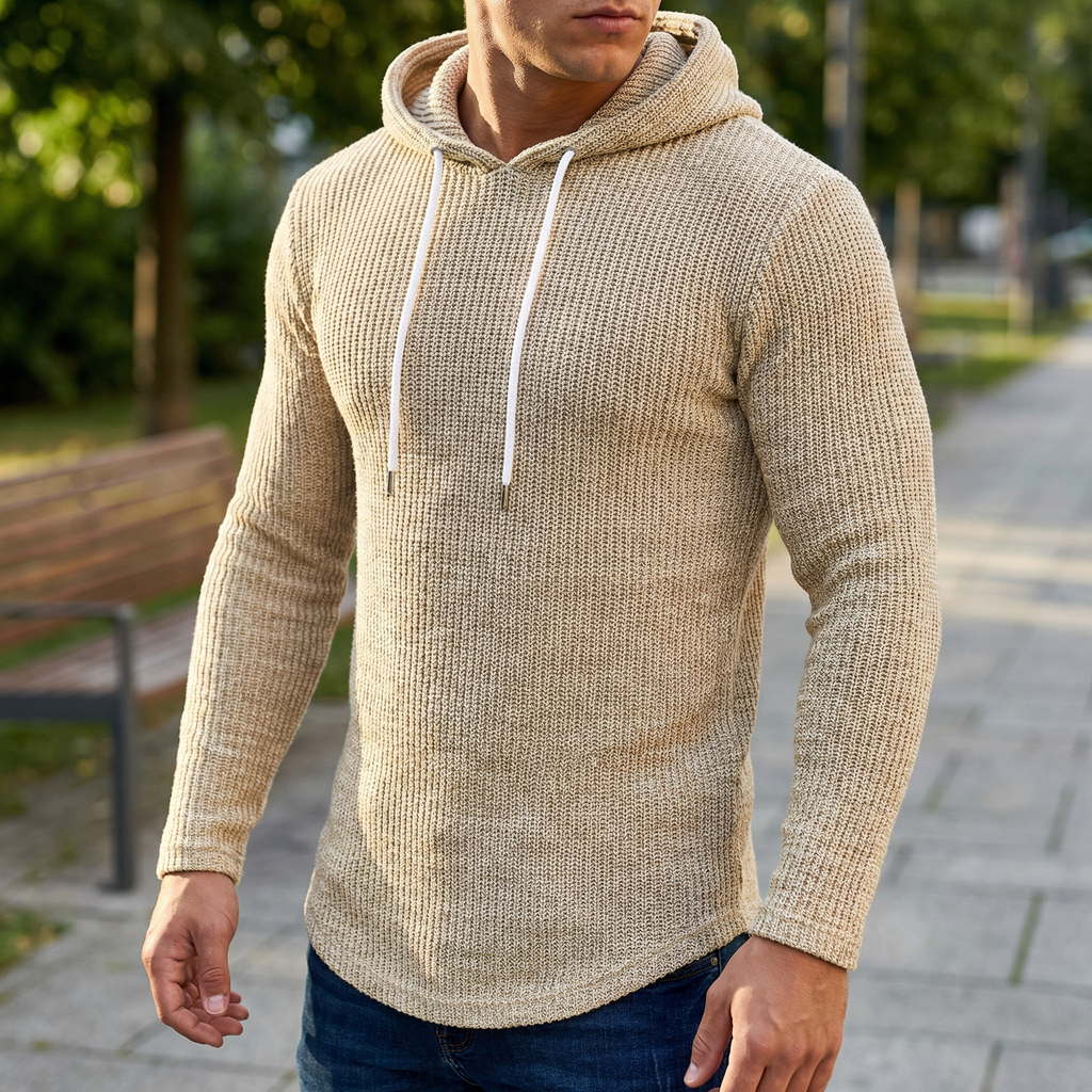 Coofandy Mens Hooded Sweatshirt Long Sleeve Knitted Hoodies, Khaki, Size Medium