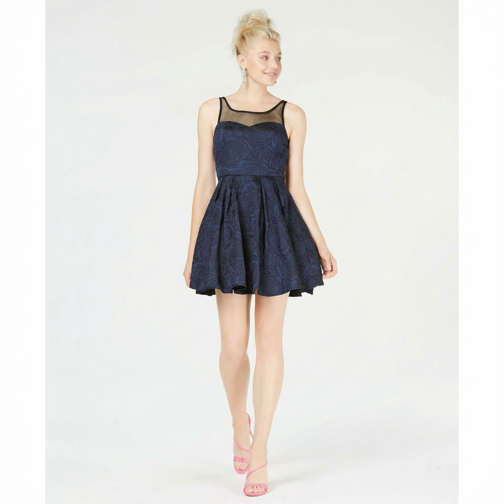 Trixxi Juniors Illusion and Rose Textured Fit and Flare Dress, Size 9/Blue