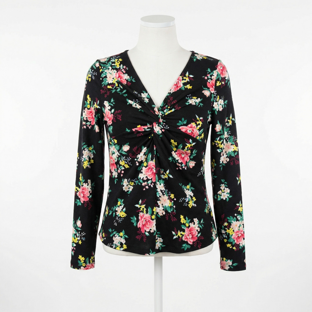 Ultra Flirt Juniors  Long Sleeve Knot Front Top Black Floral Print, Size Medium
