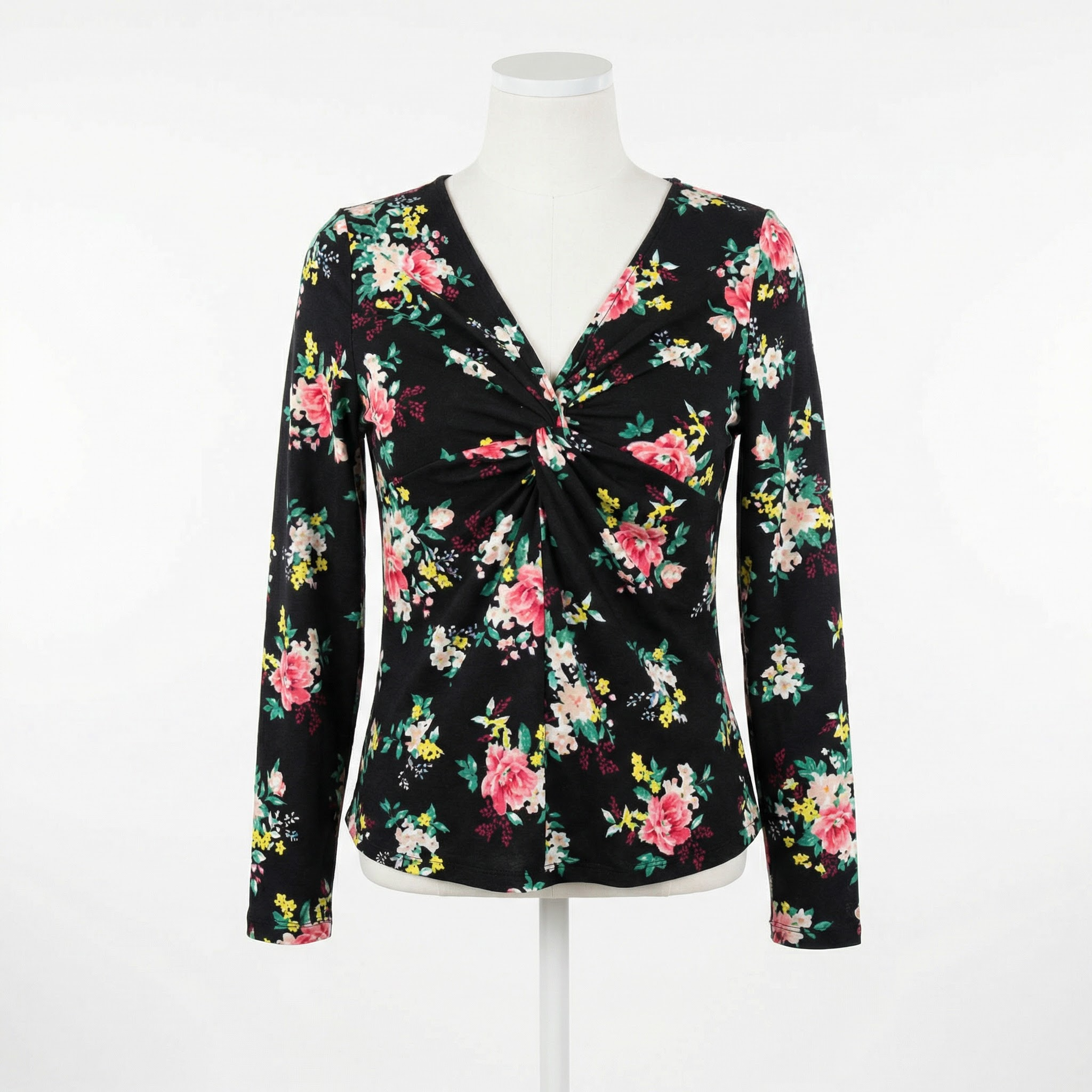 Ultra Flirt Juniors  Long Sleeve Knot Front Top Black Floral Print, Size Medium