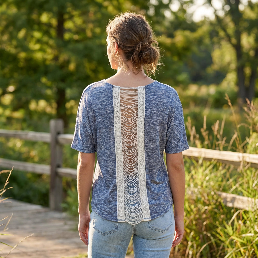 Spoiled Blouse Short Sleeve, Blue, Crocheted Back, Large