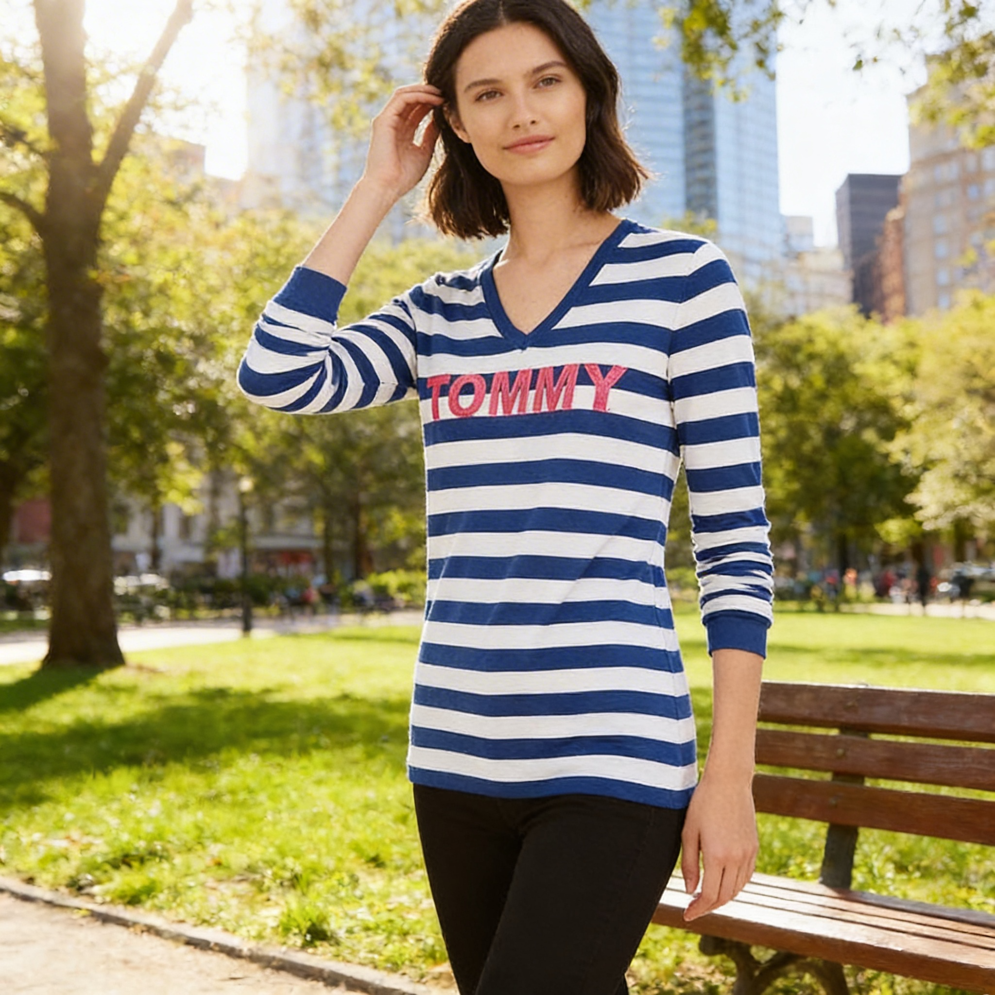 Tommy Hilfiger Womens Blue Striped Long Sleeve  top, Sapphire, Size M