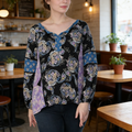Style & Co Black Printed Split Neck Long Sleeve Top,Size XL