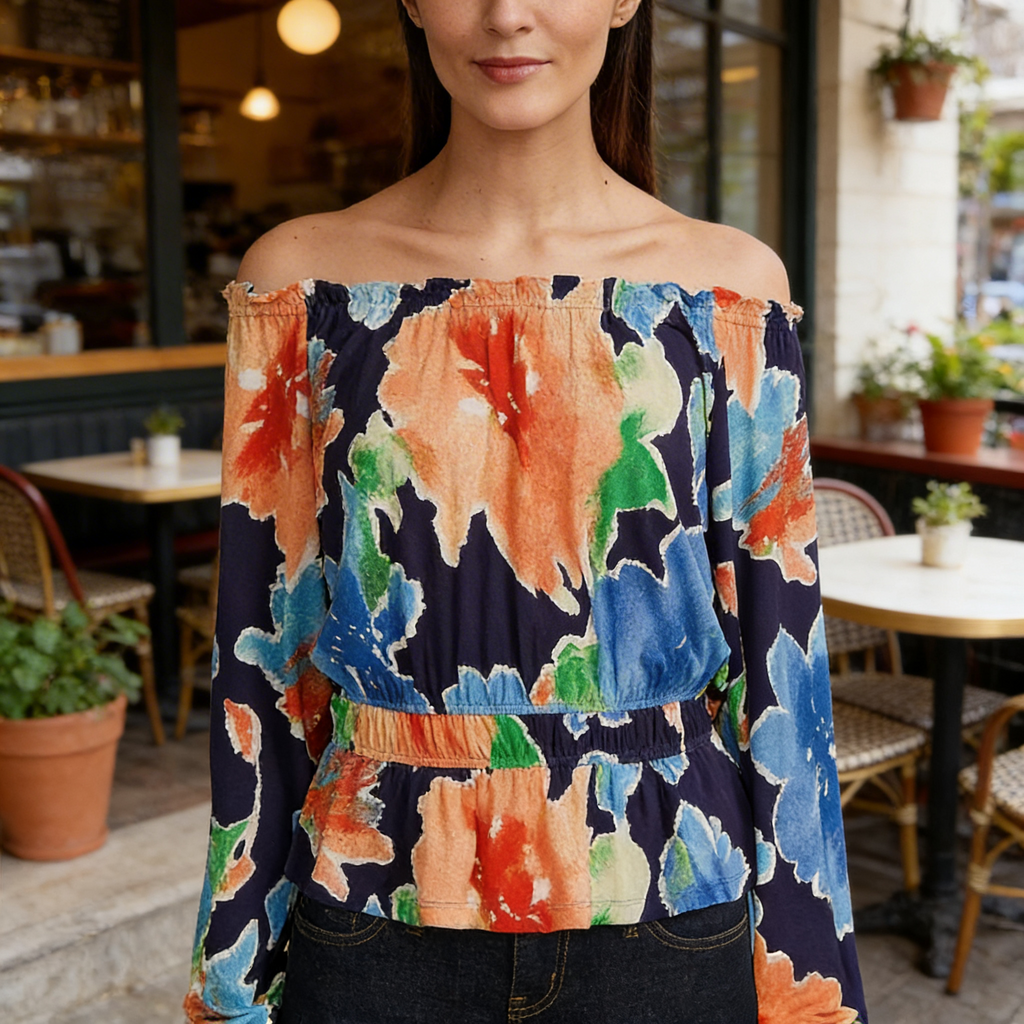 Ralph Lauren Floral Womens Multicolor Ruffle Peplum Off the Shoulder top, size M
