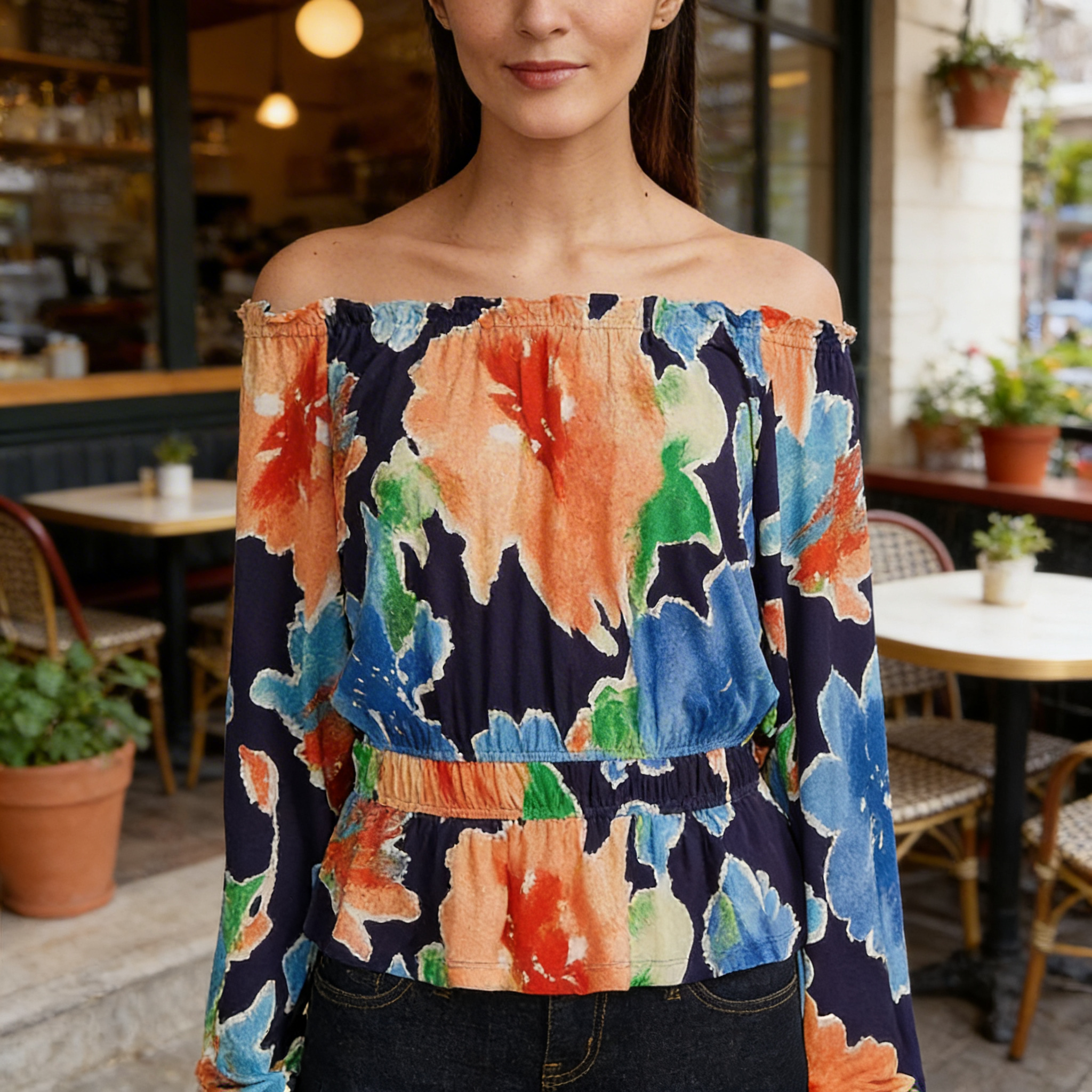Ralph Lauren Floral Womens Multicolor Ruffle Peplum Off the Shoulder top, size M
