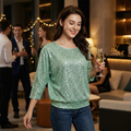 Jasambac Womens Sparkle Sequin Top Loose Cold Shoulder, Green, Size Small