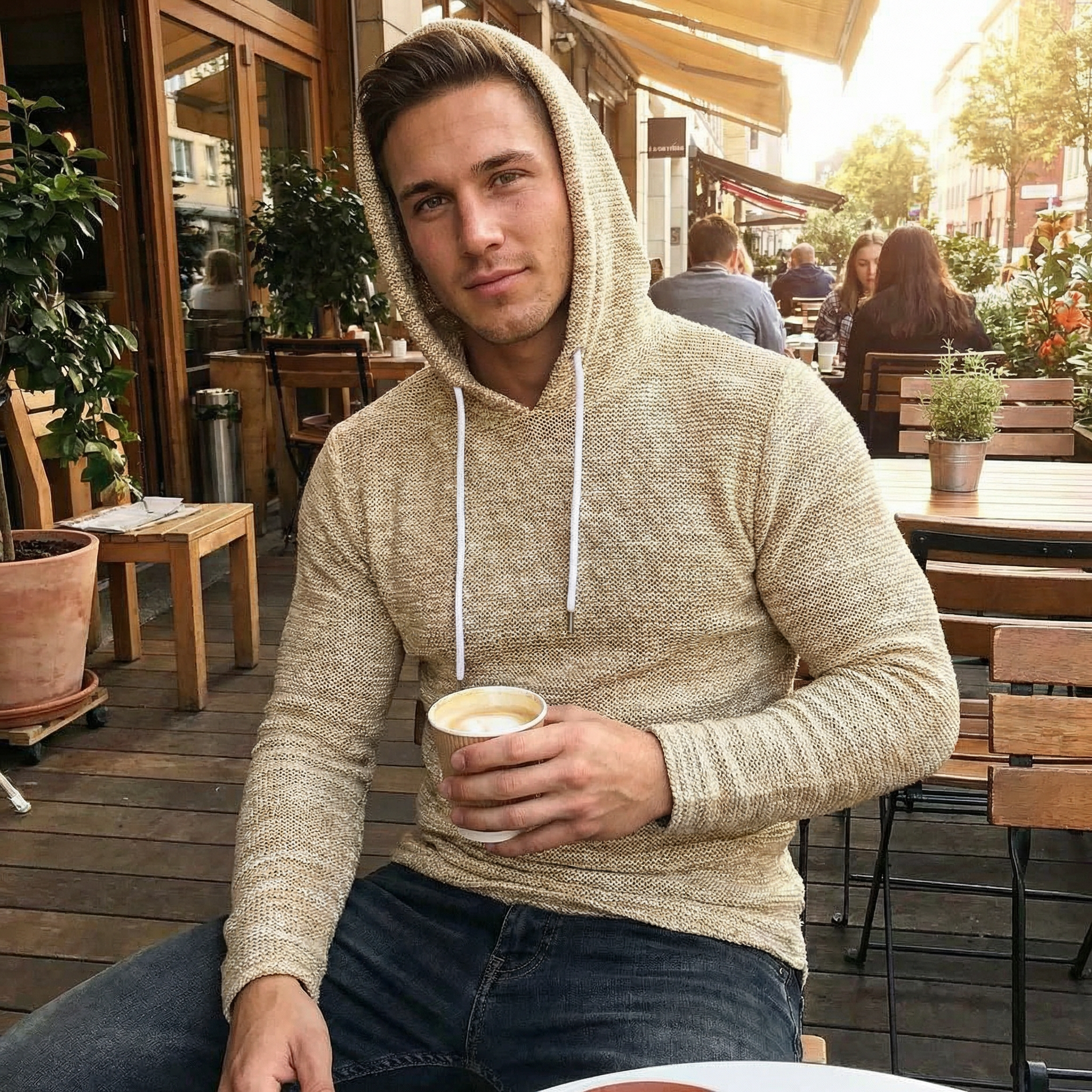 Coofandy Mens Hooded Sweatshirt Long Sleeve Knitted Hoodies, Khaki, Size Medium