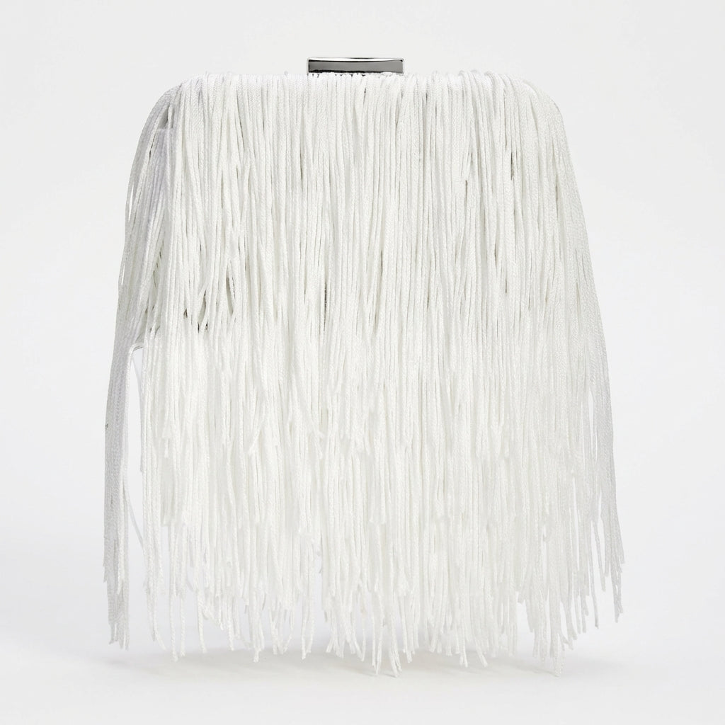 Inc Colie Fringe Clutch - Ivory/Silver