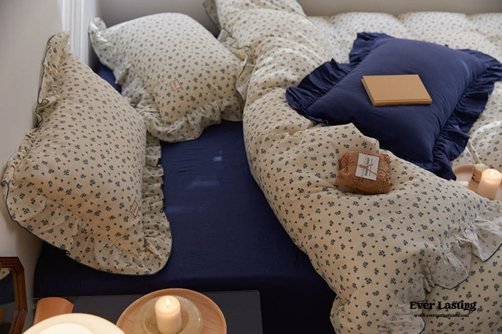 French Floral Earth Tone Double Layer Ruffle Bedding Set / Beige + Blue