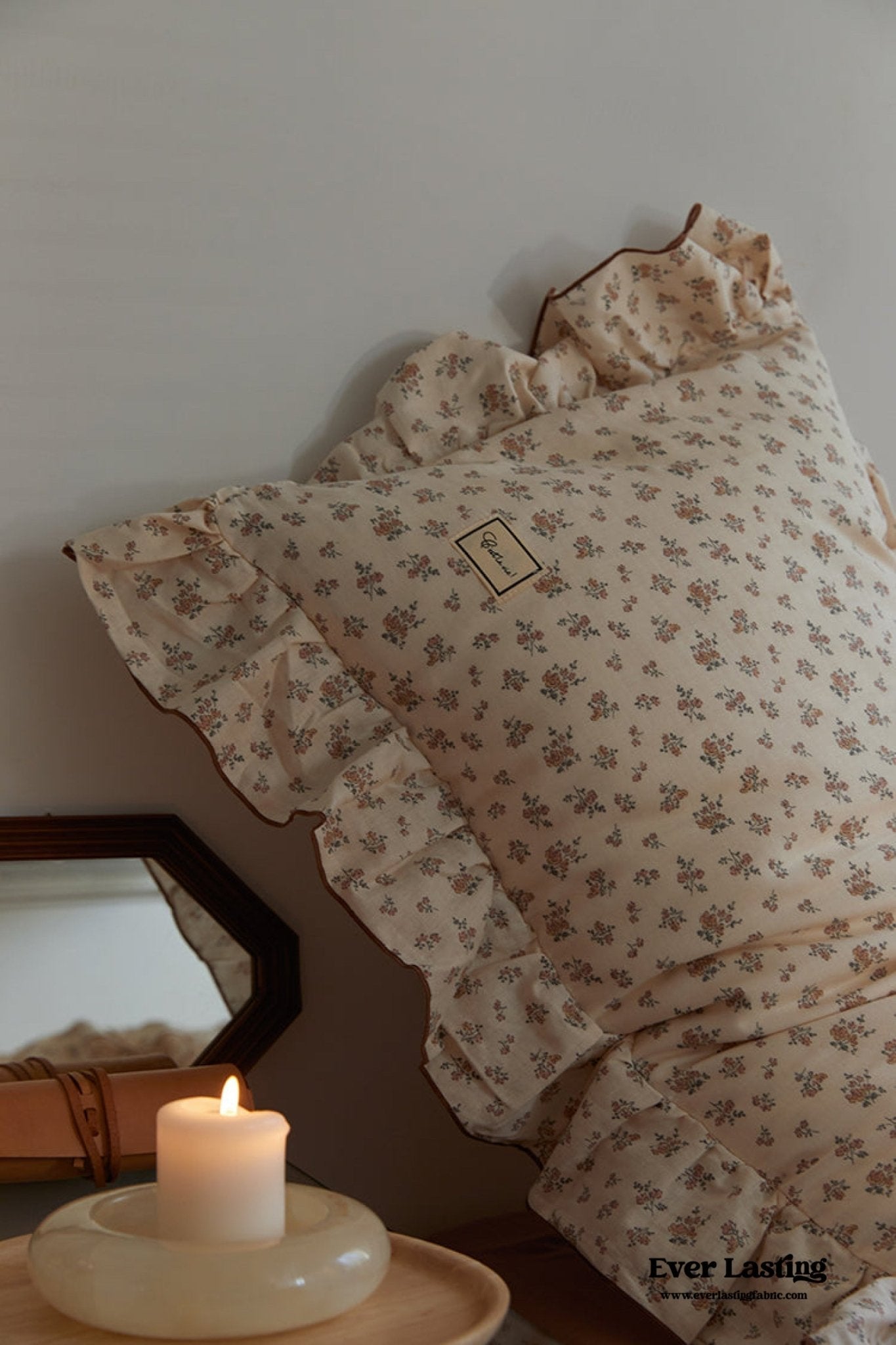 French Floral Earth Tone Double Layer Ruffle Bedding Set / Beige + Blue