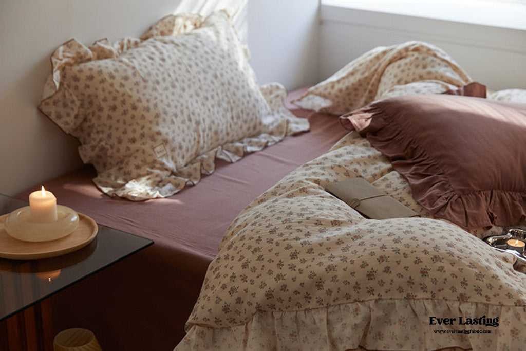 French Floral Earth Tone Double Layer Ruffle Bedding Set / Beige + Blue