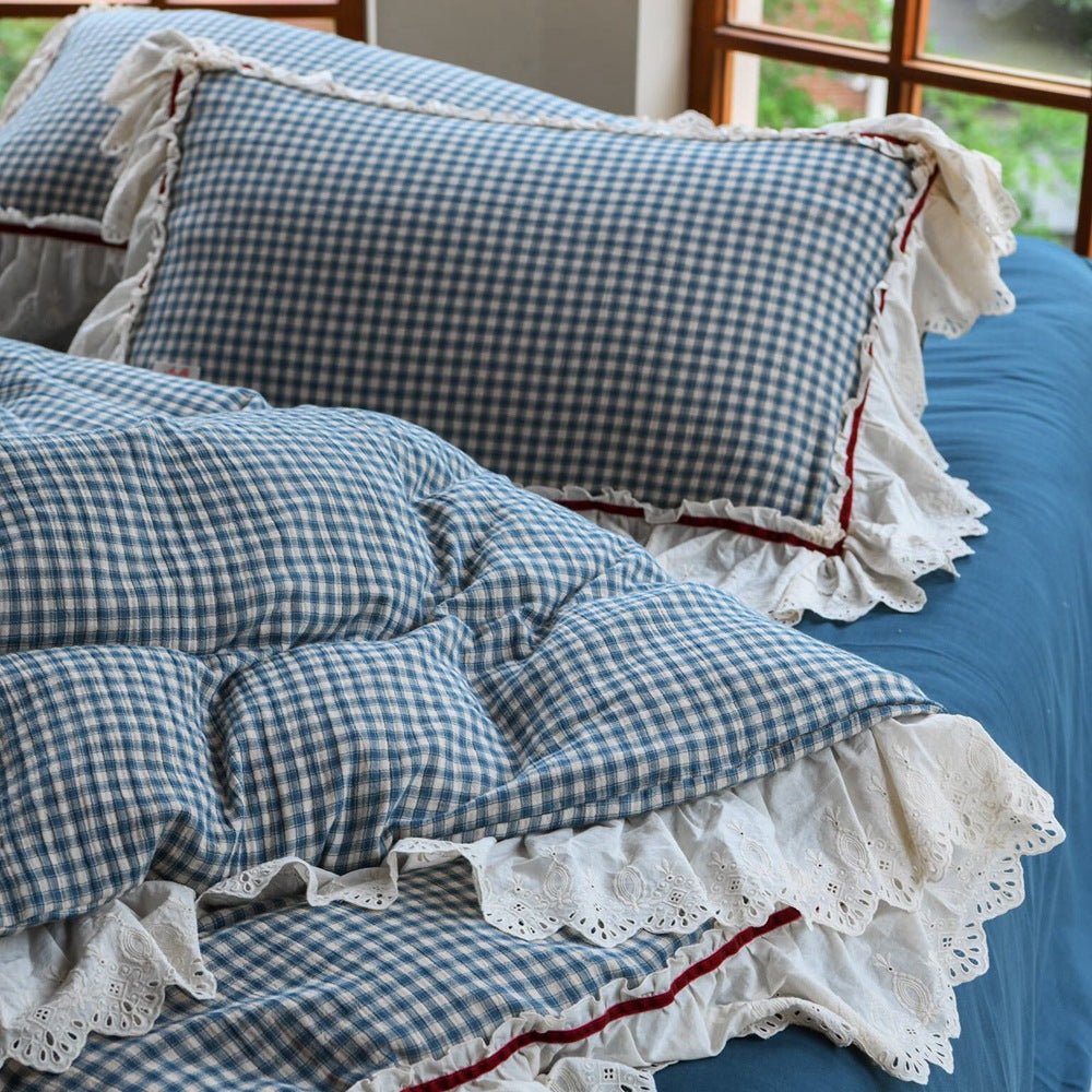 Gingham Floral Ruffle Bedding Set / Blue White