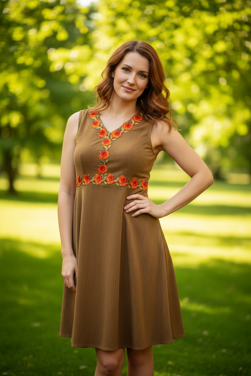 Vintage Gold Floral Embroidered Pleated Midi Dress