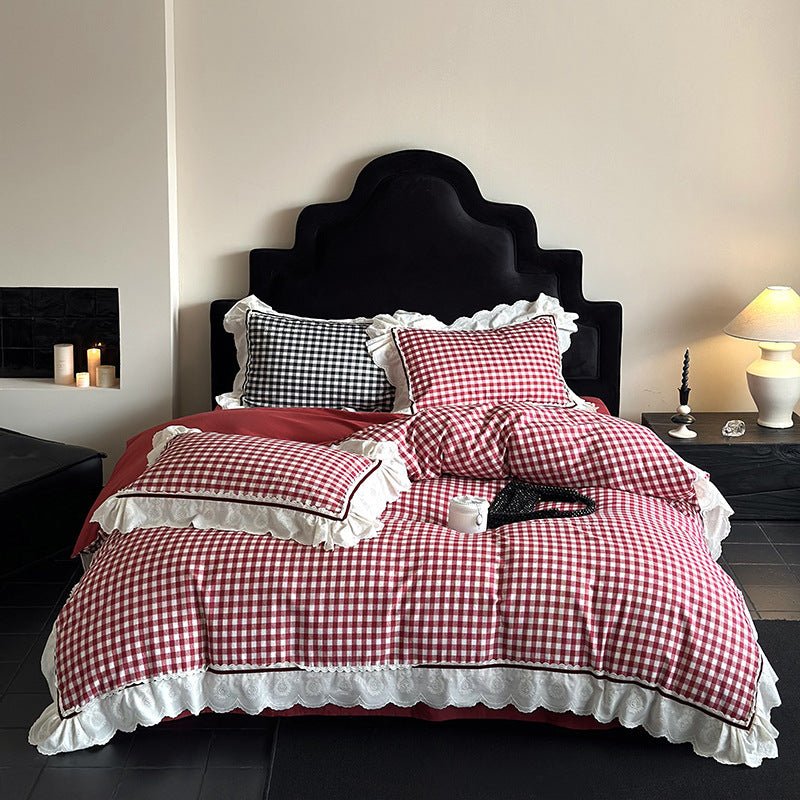 Hazel Vintage Gingham Ruffle Bedding Set / Red