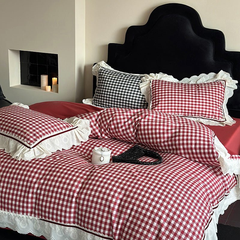 Hazel Vintage Gingham Ruffle Bedding Set / Red