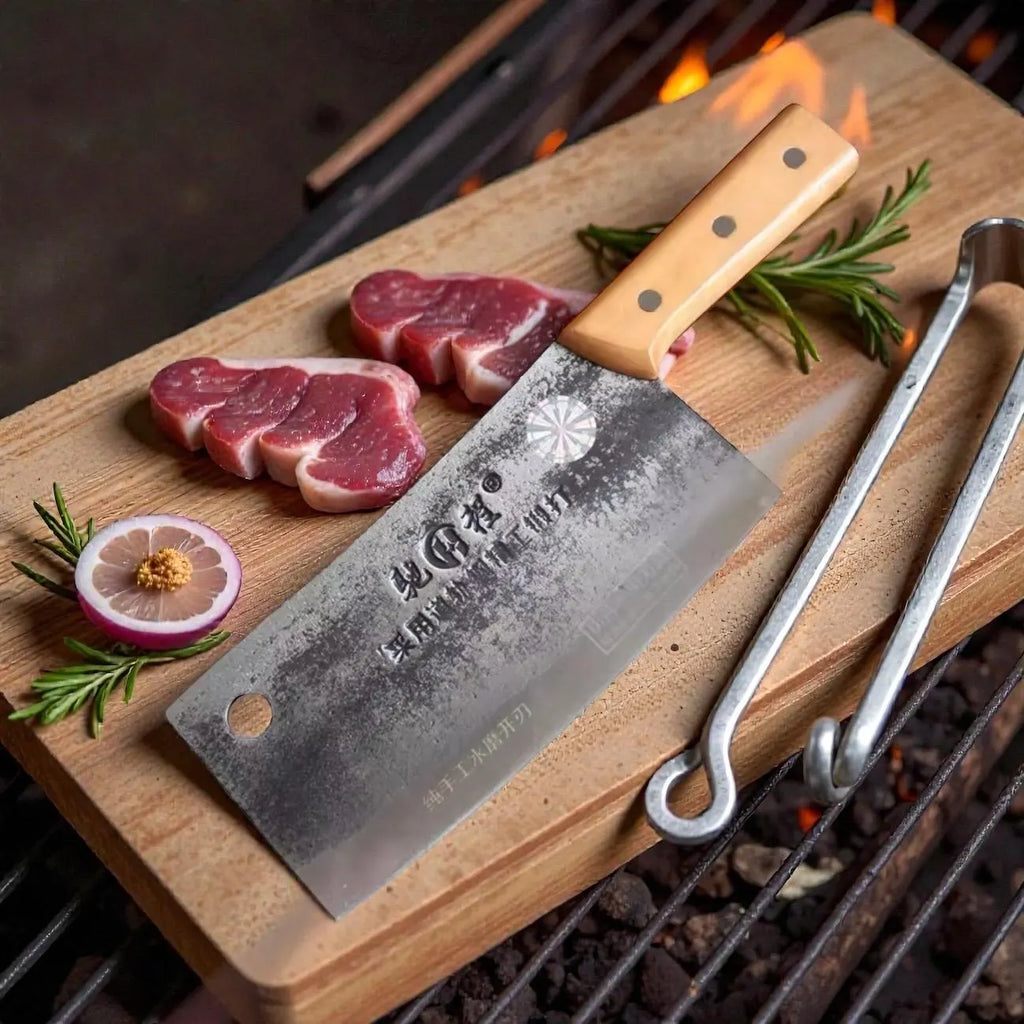 Hand Forged Meat Cleaver Knife | Rustic Chinese Chef Knife | 5Cr15MoV Stainless Steel Butcher Knife | Heavy Kitchen Chopper