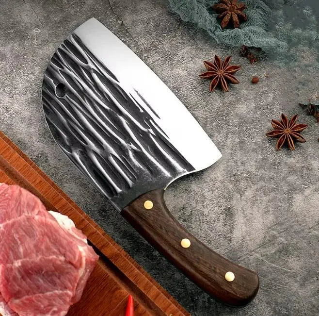 Hand Forged Meat Cleaver 8Cr13MoV Steel, Wenge Wood Handle, Brass Pins