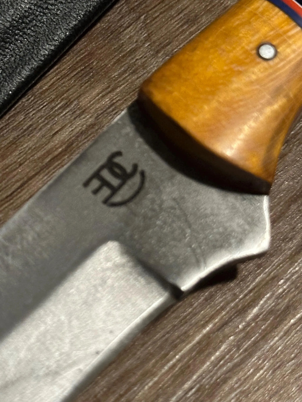 Handmade Fixed Blade EDC Knife 8” Overall, 3.5” Blade Custom Wood Black Kydex Sheath RockinEDC Texas yellow heart & wenge handle
