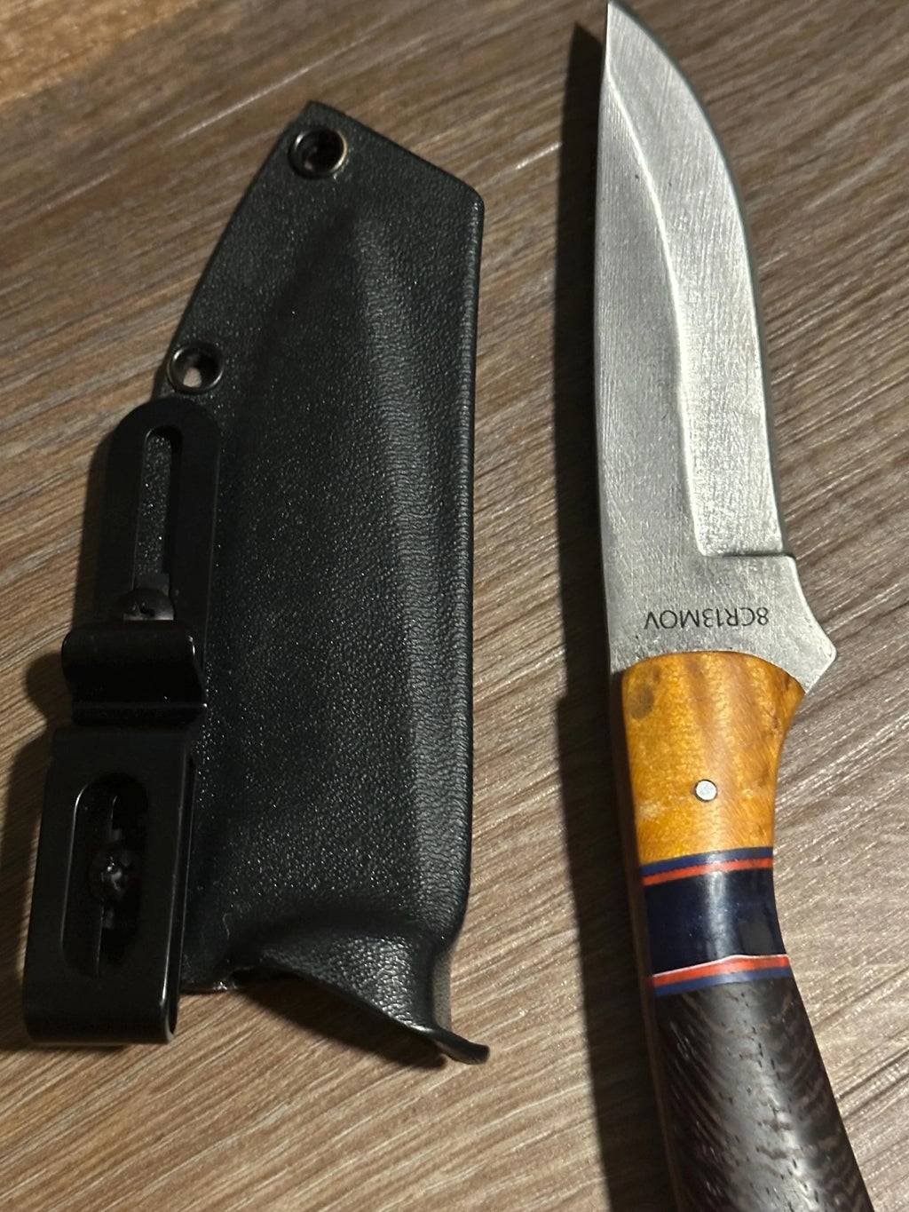 Handmade Fixed Blade EDC Knife 8” Overall, 3.5” Blade Custom Wood Black Kydex Sheath RockinEDC Texas yellow heart & wenge handle