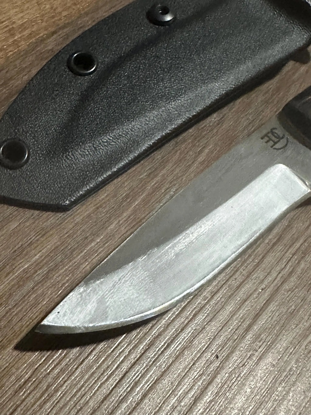 Handmade Fixed Blade EDC Knife 8” Overall, 3.5” Blade Custom Wood Black Kydex Sheath RockinEDC Texas Blue Maple & Wenge Handle