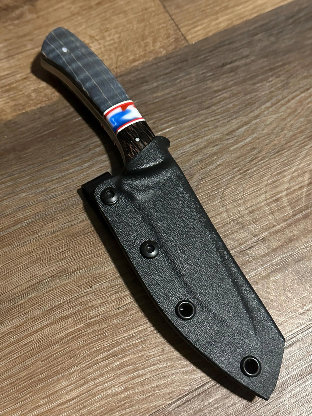 Handmade Fixed Blade EDC Knife 8” Overall, 3.5” Blade Custom Wood Black Kydex Sheath RockinEDC Texas Blue Maple & Wenge Handle