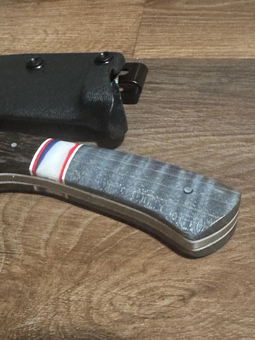 Handmade Fixed Blade EDC Knife 8” Overall, 3.5” Blade Custom Wood Black Kydex Sheath RockinEDC Texas Blue Maple & Wenge Handle