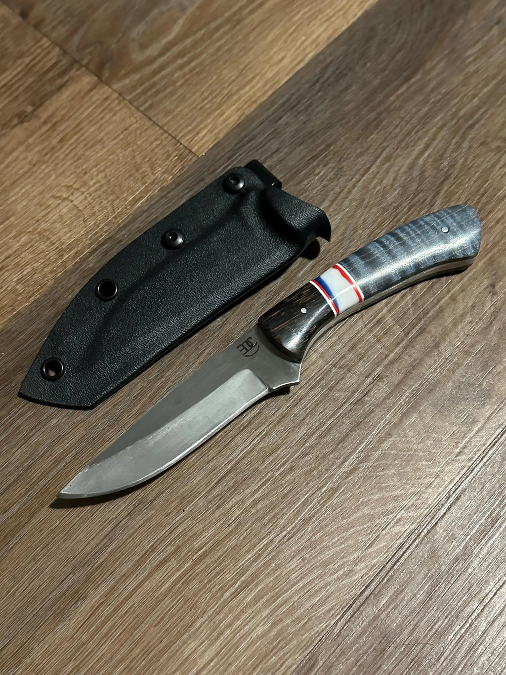 Handmade Fixed Blade EDC Knife 8” Overall, 3.5” Blade Custom Wood Black Kydex Sheath RockinEDC Texas Blue Maple & Wenge Handle
