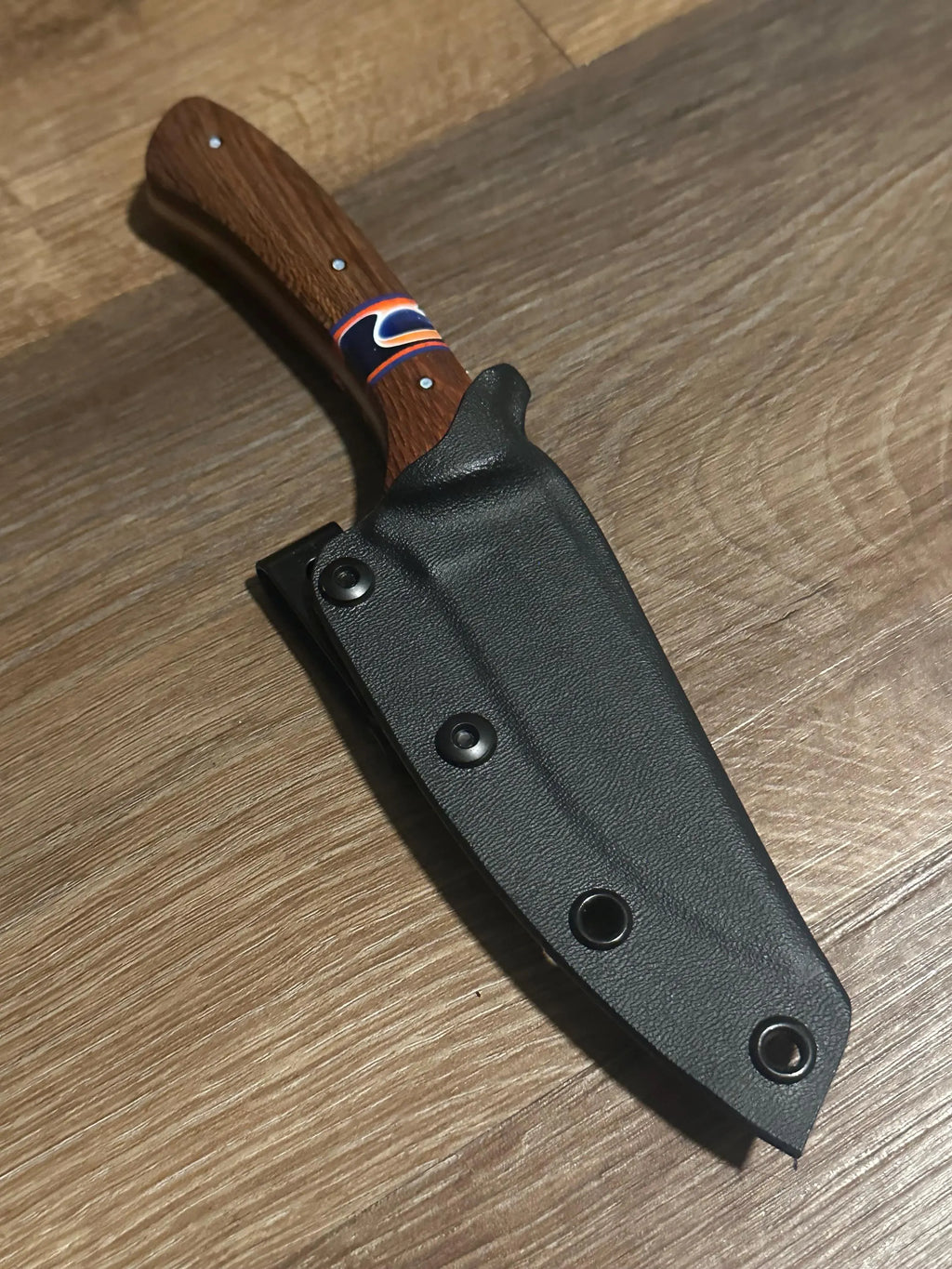 Handmade Fixed Blade EDC Knife 8” Overall, 3.5” Blade Custom Wood Black Kydex Sheath RockinEDC Leapordwood & Rosewood