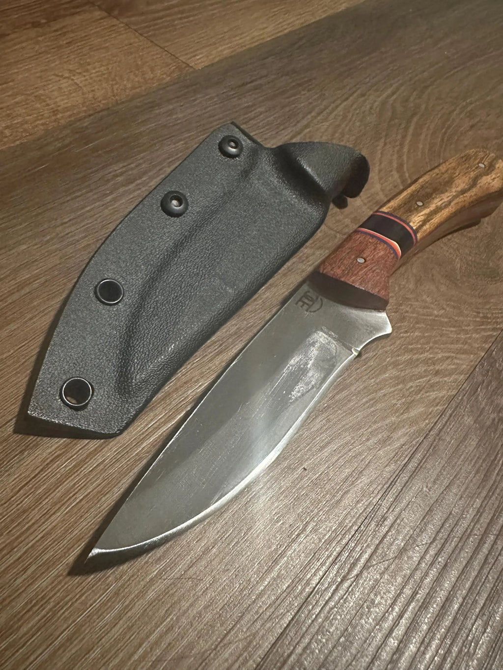 Handmade Fixed Blade EDC Knife 8” Overall, 3.5” Blade Custom Wood Black Kydex Sheath RockinEDC Mesquite and Bocate Handle