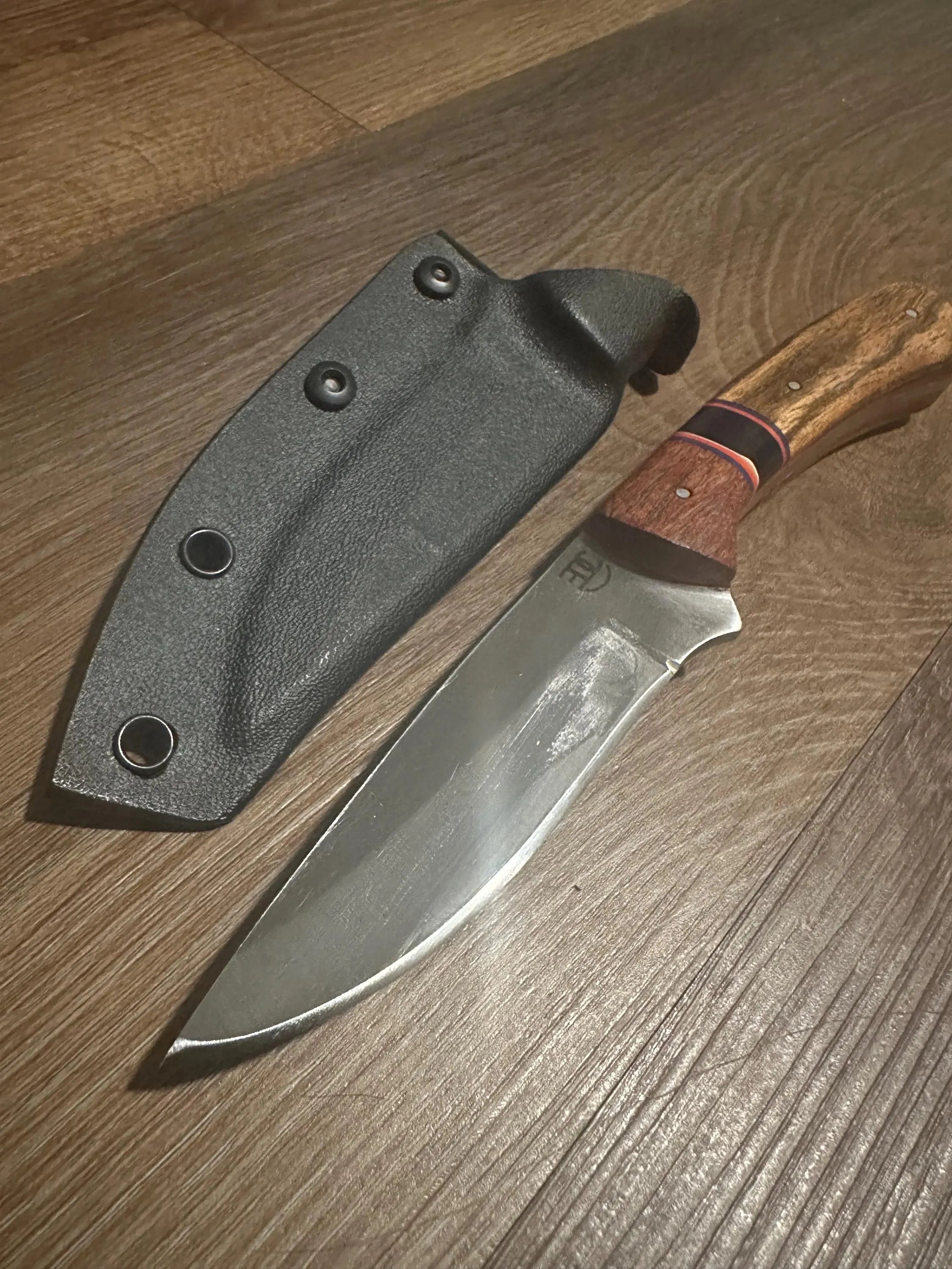 Handmade Fixed Blade EDC Knife 8” Overall, 3.5” Blade Custom Wood Black Kydex Sheath RockinEDC Mesquite and Bocate Handle