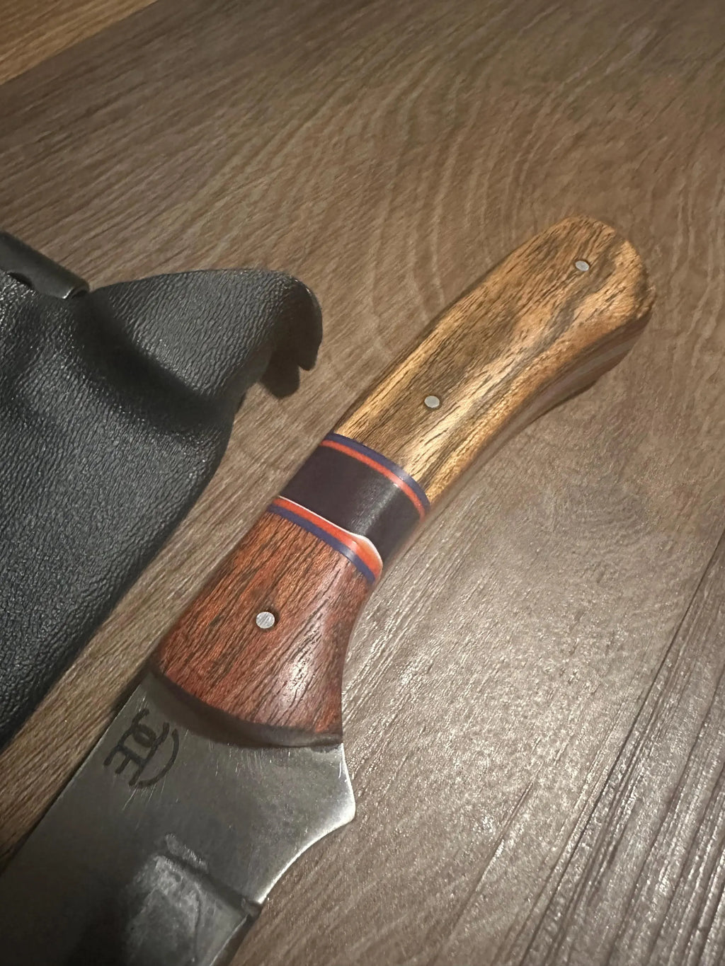 Handmade Fixed Blade EDC Knife 8” Overall, 3.5” Blade Custom Wood Black Kydex Sheath RockinEDC Mesquite and Bocate Handle