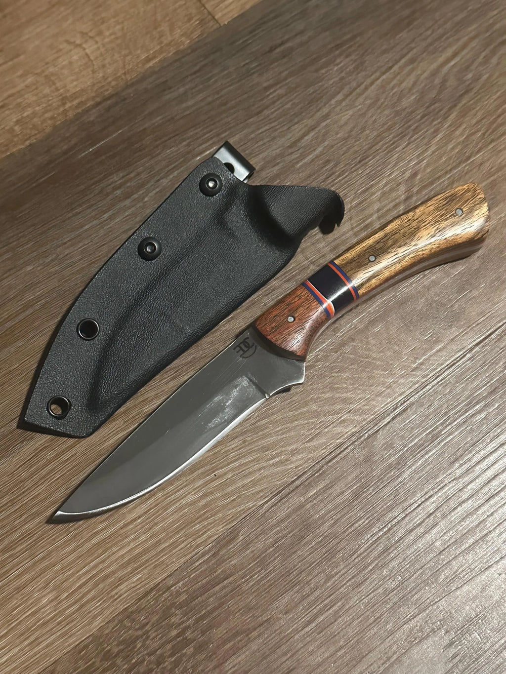 Handmade Fixed Blade EDC Knife 8” Overall, 3.5” Blade Custom Wood Black Kydex Sheath RockinEDC Mesquite and Bocate Handle
