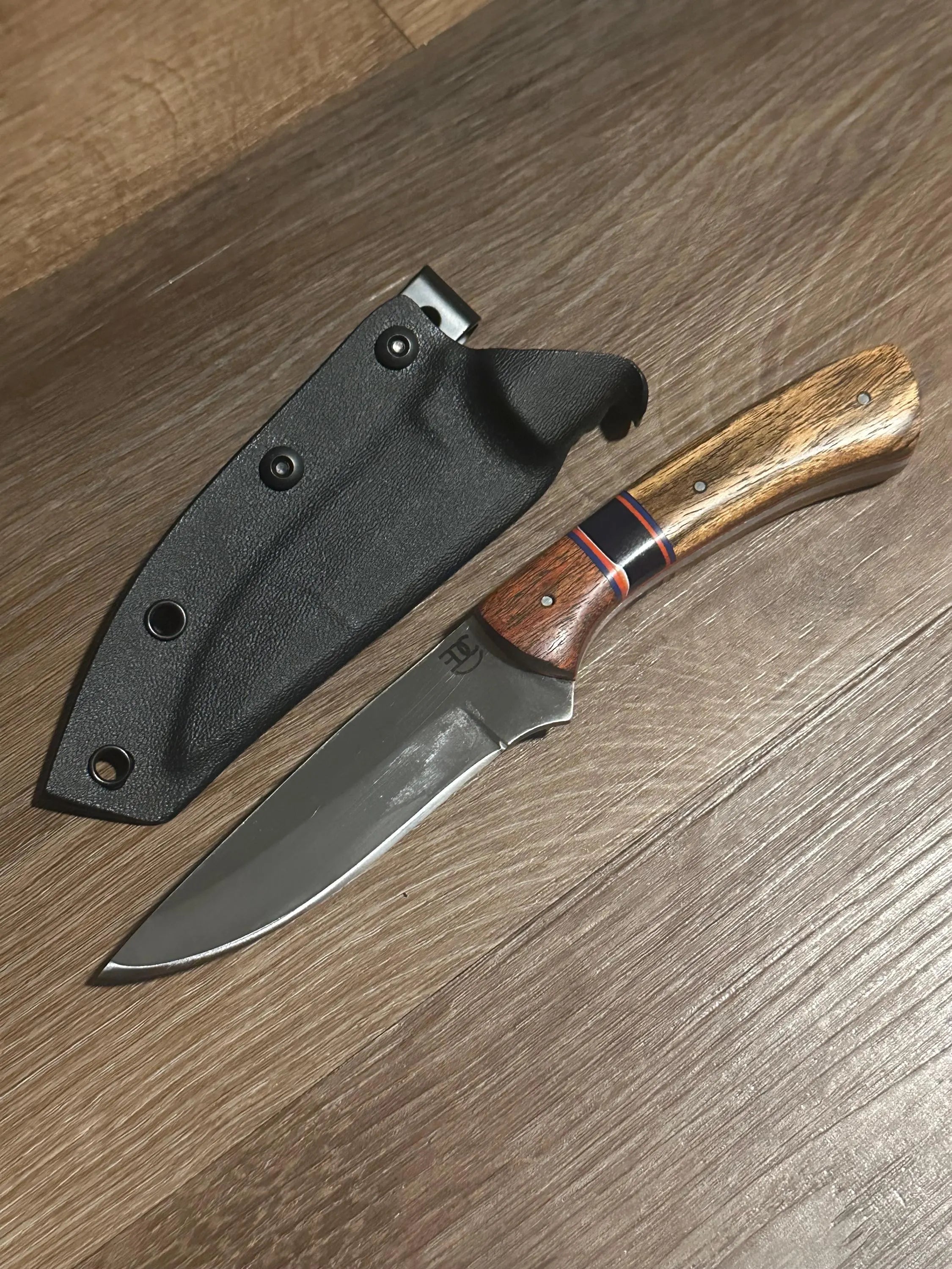 Handmade Fixed Blade EDC Knife 8” Overall, 3.5” Blade Custom Wood Black Kydex Sheath RockinEDC Mesquite and Bocate Handle