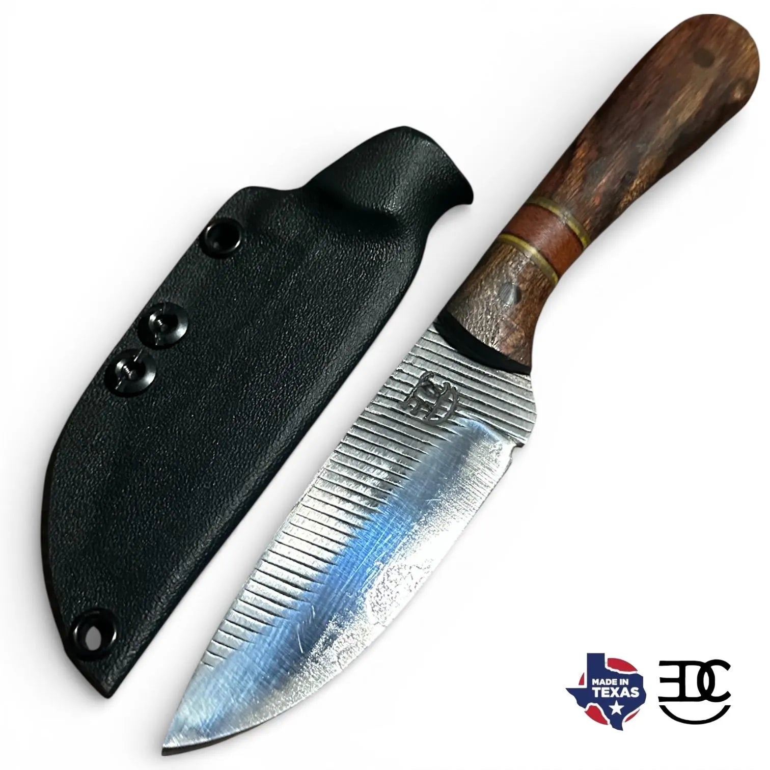 RockinEDC Jinete Farrier Rasp Knife – Cocobolo & Rosewood Handle with Yellow G10 Spacers – Custom Fixed Blade with Kydex Sheath – Made in Texas